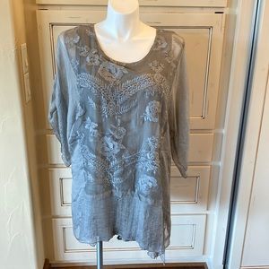 Soft, gray, flowy tunic top lined with embroidered outer layer